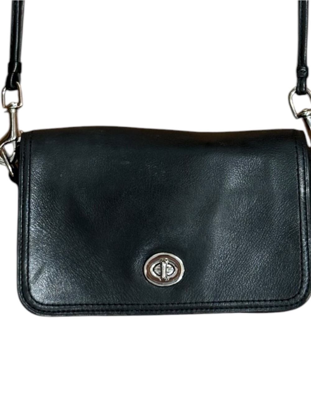 Coach Vintage Penny Black Leather Crossbody Bag with Turnlock Closure